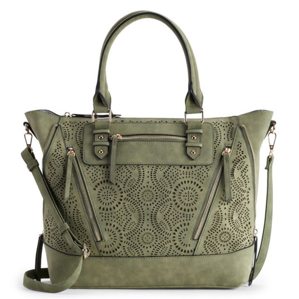 New! Violet Ray NYC Charlie Perforated Satchel Purse Tote Sage Green